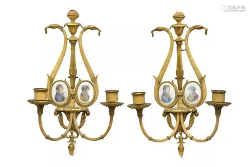 Pair Brass and Paint Decorated Candle Sconces each with