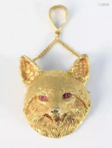 18 Karat Gold Fox Head Pendant/Brooch having ruby eyes