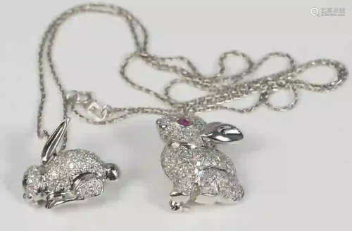 Two 18 Karat White Gold Rabbit Pendants/Brooch