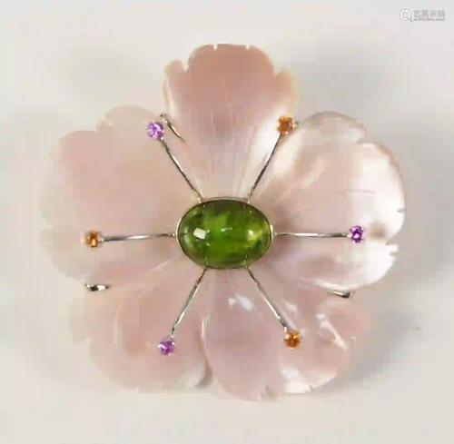 Mother of Pearl Flower Brooch mounted in 18 karat white