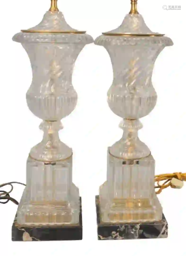 Pair of Crystal Lamps urn form on plinth base, on black