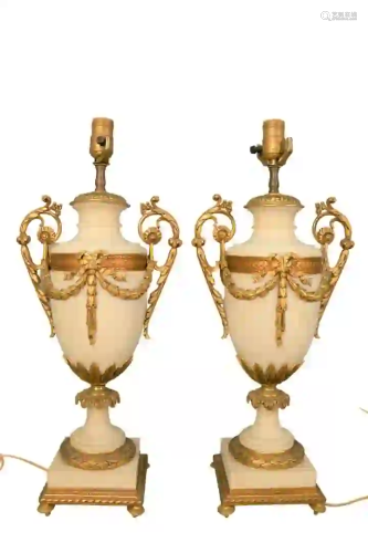 Pair of Large French Marble Urns having Dore bronze