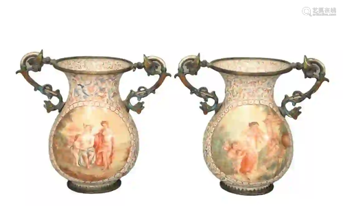 Pair of Viennese Enameled Silver Urns having partially