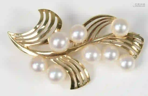 14K Gold Freerform Brooch set with eight pearls length