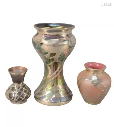 Three Art Glass Vases each having sterling silver