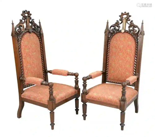 Pair of Gothic Style Walnut Armchairs each with silver