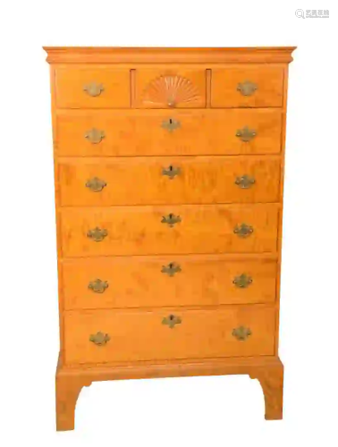Jeffery Green Tiger Maple Six Drawer Tall Chest on