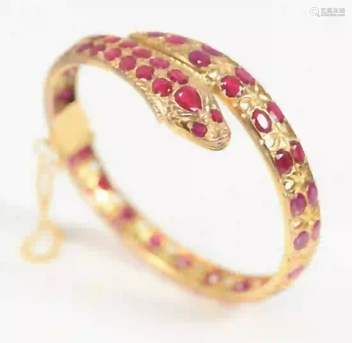 14K Gold Snake Bracelet set with fifty-seven rubies