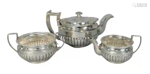 English Silver Three-piece Tea Set teapot, sugar, and