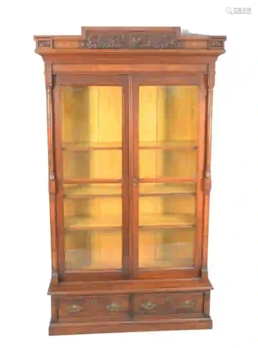 Victorian Walnut and Burl Walnut Carved Bookcase with