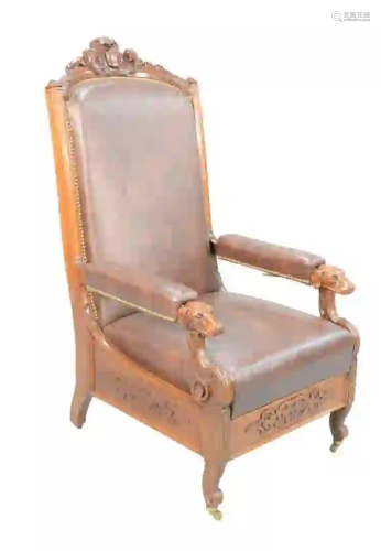 Victorian Walnut Reclining Chair with brown leather