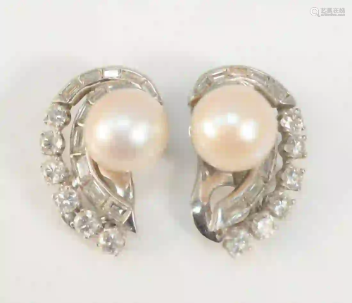 Pair of Platinum Pearl and Diamond Crescent Earrings