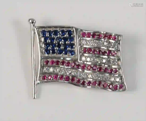 18 Karat White Gold Flag Pin set with twenty sapphires,