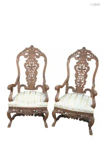 Pair Walnut Continental Style Armchairs with pierce