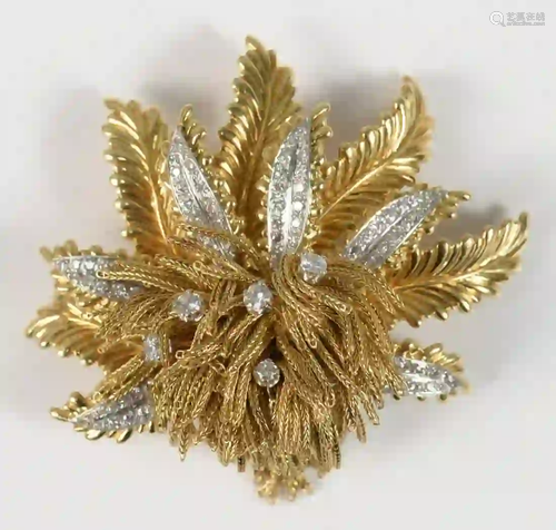 18 Karat Gold Leaf-Style Brooch six fern leaves set