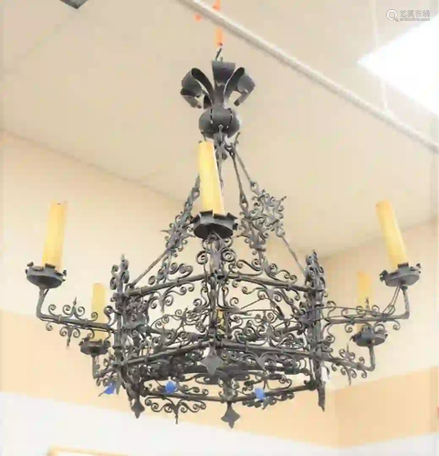 Large Gothic Six Light Wrought Iron Chandelier