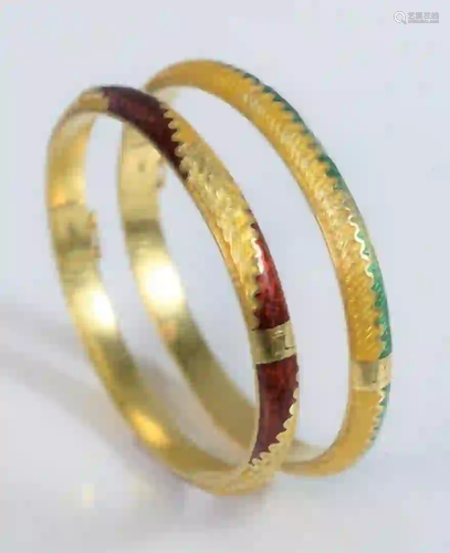 Two 18 Karat Gold and Enamel Bracelets one green, one