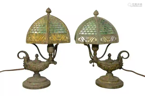 Pair of Diminutive Table Lamps with six sided slag