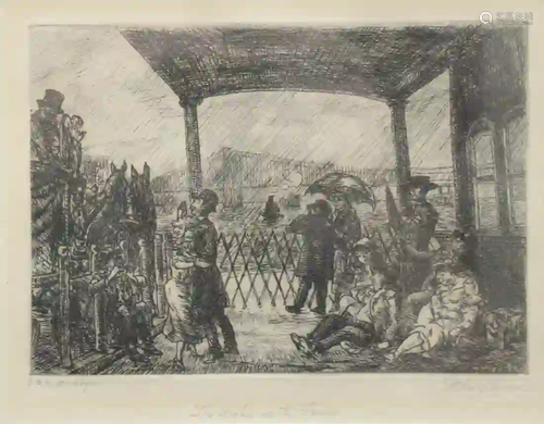 John Sloan Etching The Wake on the Ferry pencil signed