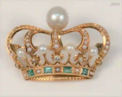 14 Karat Gold Crown Brooch set with pearls and green