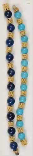 Pair of 18 Karat Gold and Bead Bracelets one with