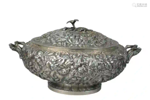 Large Sterling Repousse Covered Serving Dish having