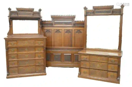 Three Piece Aesthetic Walnut Bedroom Set having carved