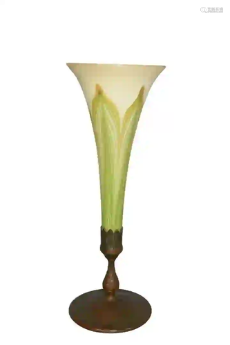 Tiffany Favrile Glass Trumpet Vase on bronze base,