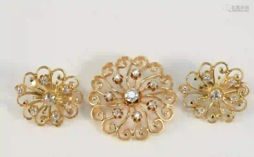 Three Piece 14 Karat Gold and Diamond Brooch and