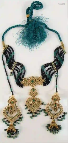 22 Karat Gold Necklace and Earrings set with emeralds,