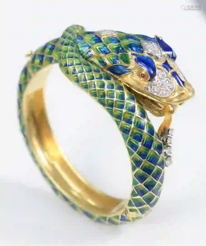 18 Karat Gold Bracelet with two color enameled dragons,