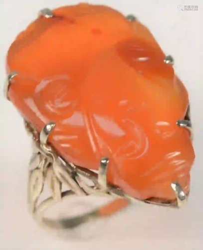 14 Karat White Gold Ring set with carved carnelian in