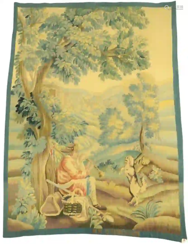 Aubusson Pastoral Tapestry depicting a man playing a