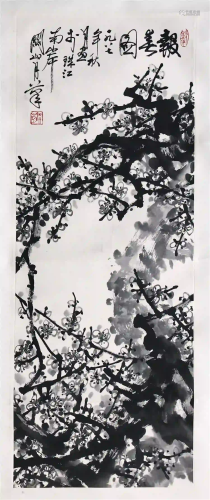 CHINESE SCROLL PAINTING OF PLUM BLOSSOMMINGS SIGNED BY
