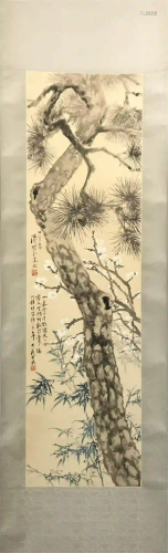 NO RESERVED CHINESE SCROLL PAINTING OF PINE AND BA…