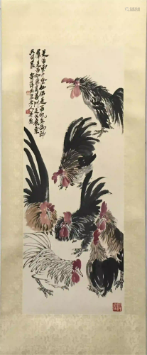 NO RESERVED CHINESE SCROLL PAINTING OF ROOSTER SIG…
