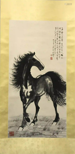 NO RESERVED CHINESE SCROLL PAINTING OF HORSE SIGNE…