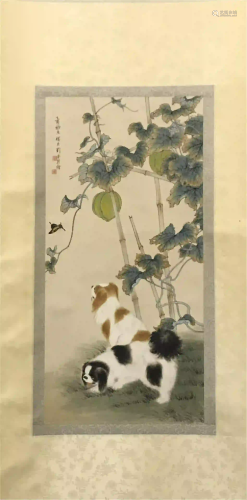 NO RESERVED CHINESE SCROLL PAINTING OF PUPPY SIGNE…