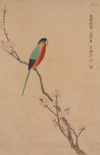 Chinese Painting Hanging Scroll Of Parrot Standing On The Plum Branch