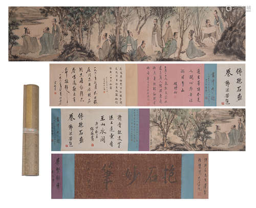 Chinese Painting Handscroll Of Elegant Scholars In Mountain Woods