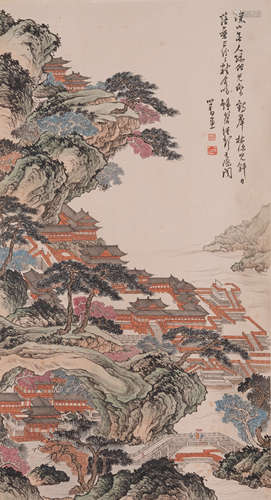 Chinese Hanging Scroll Color Painting Of Pavilions In The Mountains