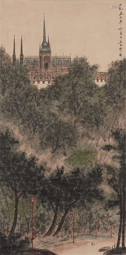 Chinese Painting Hanging Scroll Of Figure Story And Western Building