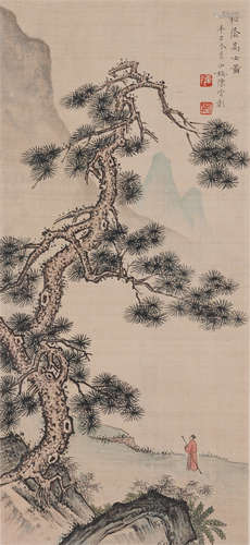 Chinese Painting Hanging Scroll Of Elegant Scholar Under The Pine Tree