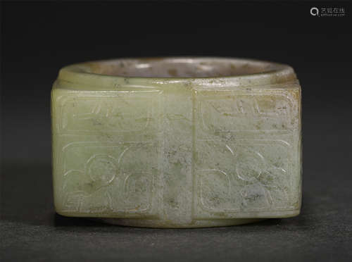 Chinese Carved Auspicious Pattern Jade Cong