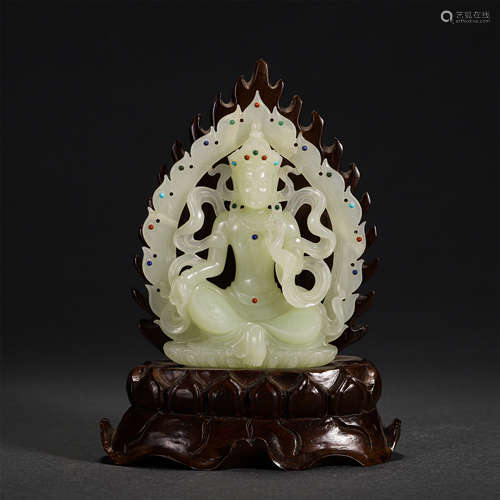 Chinese Gems-Inlaid Hetian Jade Buddha Statue And Hardwood Pedestal