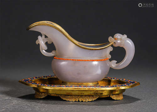 Set Of Chinese Gold And Agate Decorated Jade Cup And Saucer