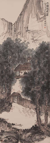 Chinese Painting Hanging Scroll Of Elegant Scholar Dwelling In The Mountains