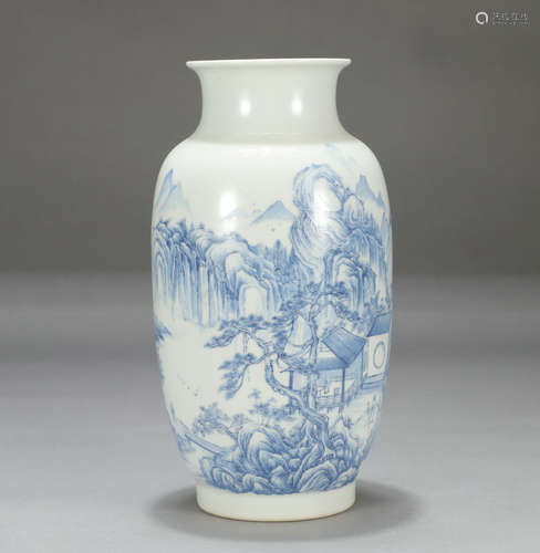 Chinese Blue White Light-Tracing Landscape Lantern Shape Vase