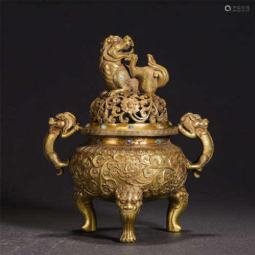 Chinese Gilt Bronze Beast Pattern Tripod Incense Burner