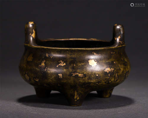 Chinese Bronze Double Upright Handle Triple Footed Censer